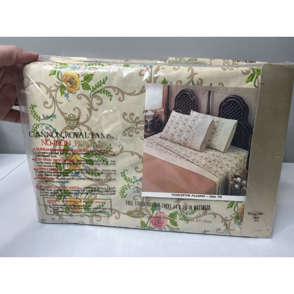 Vtg Cannon Royal Family Bed Set Charleston Filigree Double Flat, Fitted Pillows - Picture 2 of 15